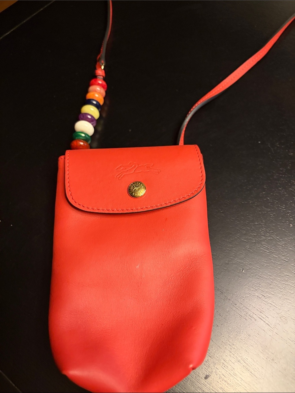 Burnt orange Longchamp Leather Crossbody bad Phone Pouch with Beaded Strap
